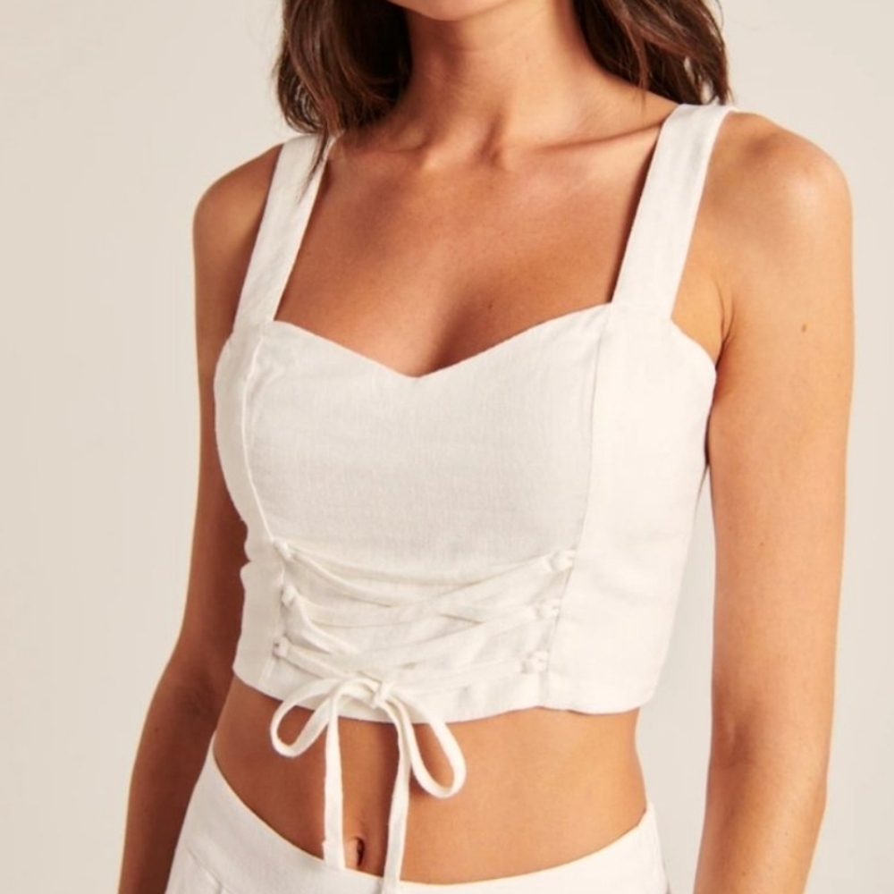 Abercrombie & Fitch White Cream Lace Up Front Crop Linen Blend Top